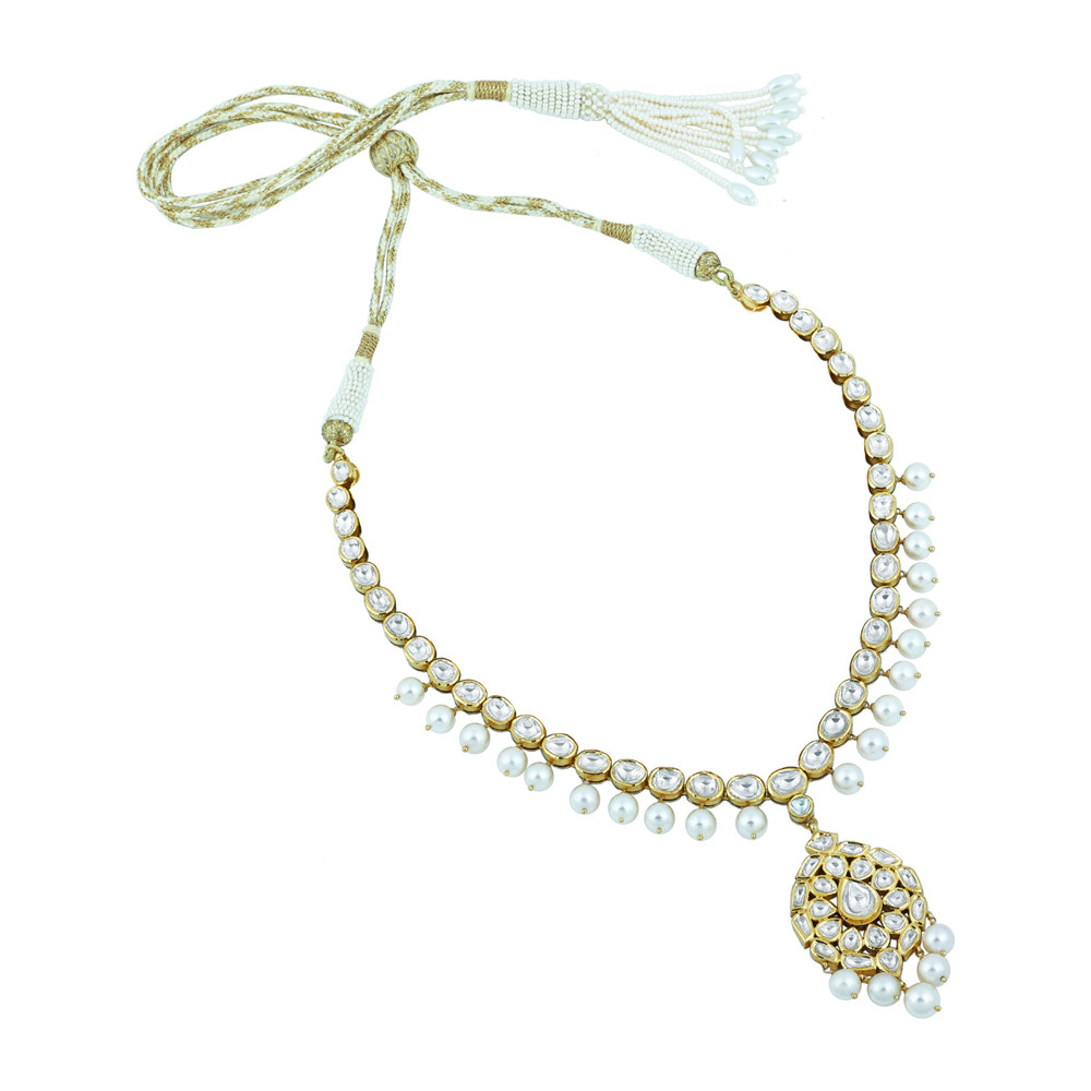 Linear Polki Necklace with Pendant and Pearl Drop